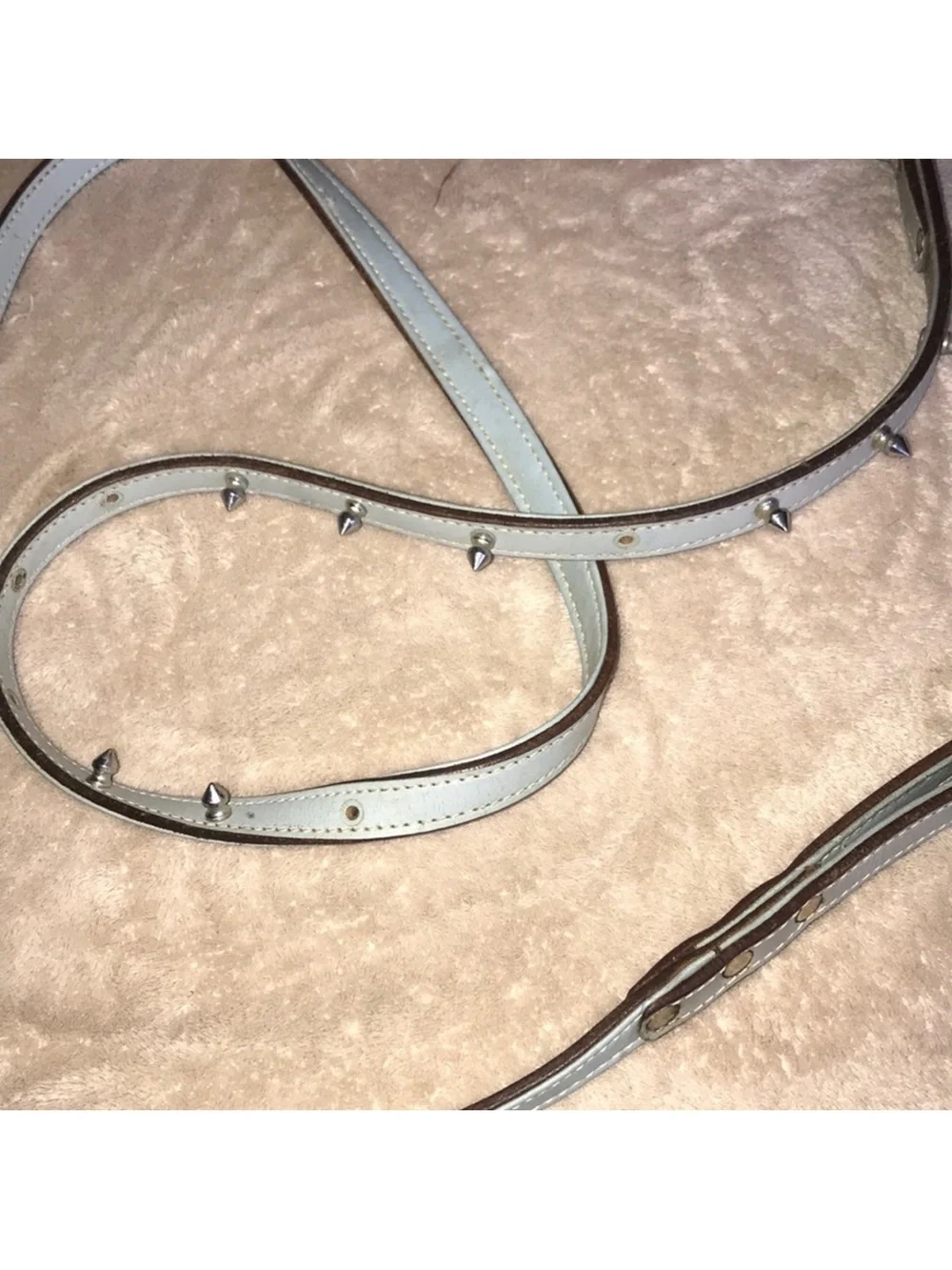 Light Blue Leather Spiked Dog Leash approximately 75”